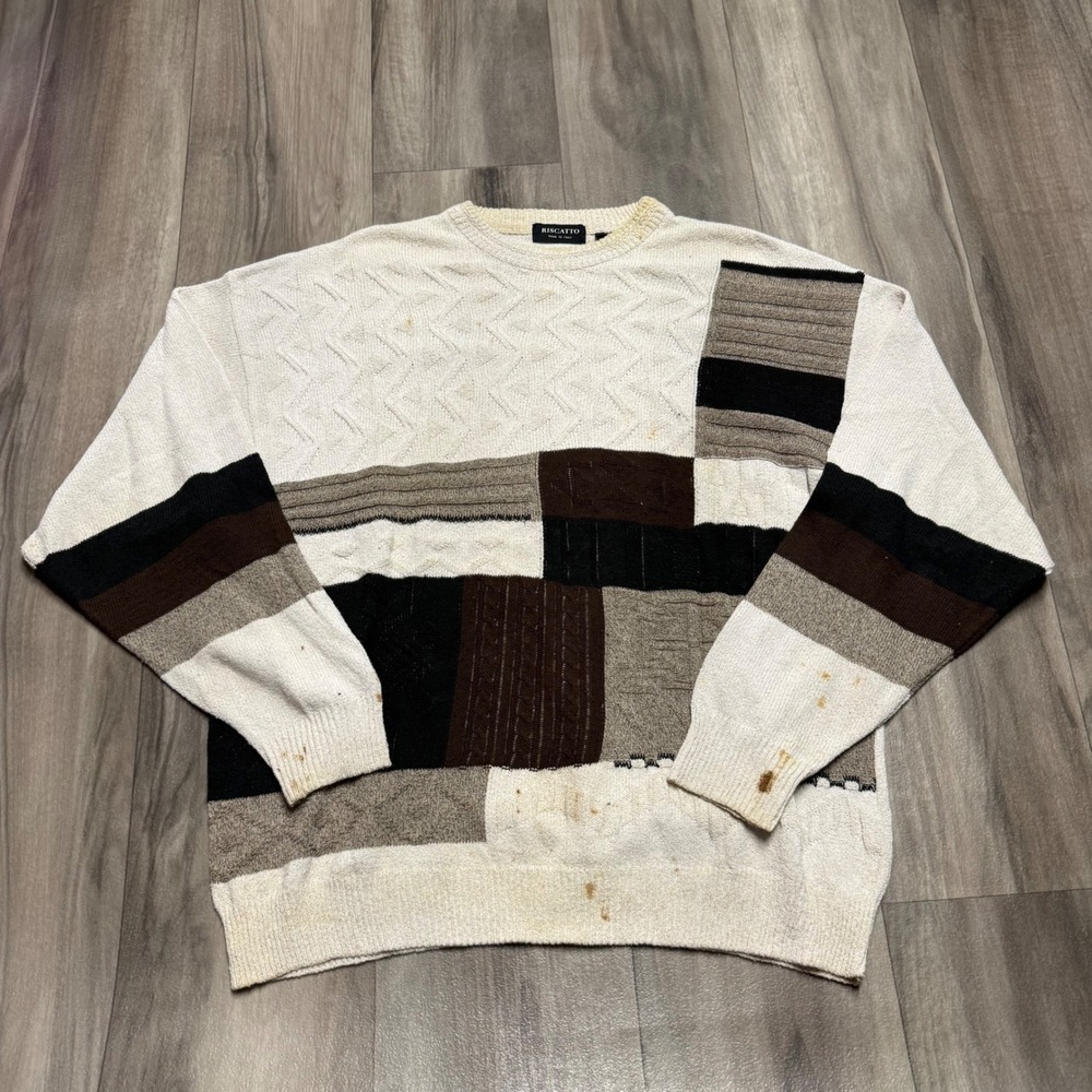 Riscatto Mens Patchwork Knit Sweater Large Made in Italy Multi Texture Brown Tan